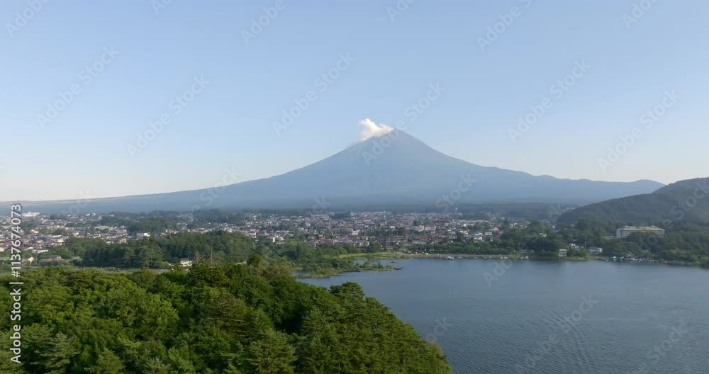 Aerial view in front of the Fujikawaguchiko village in Japan, Mt Fuji background Aerial view in front of the Fujikawaguchiko village in Japan, Mt Fuji background