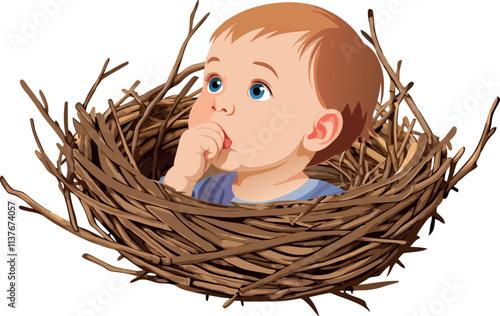 Baby boy relaxing in bird nest, sucking thumb