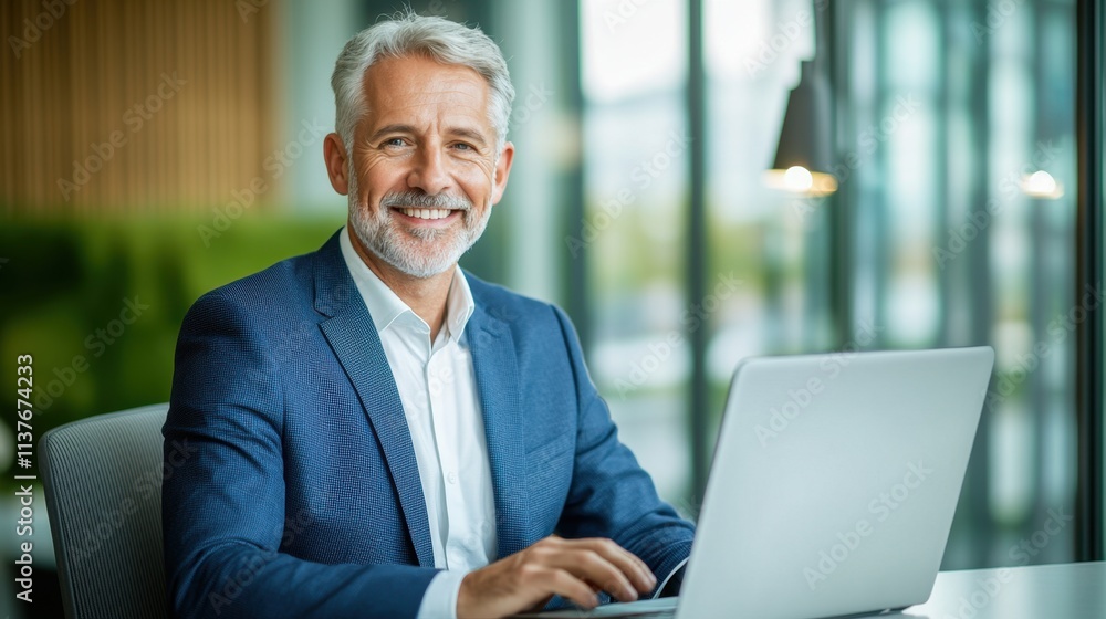 The middle aged professional business man, wearing a crisp blue suit, sits confidently at his desk in the office, a warm smile lighting up his face as he diligently works on his laptop computer. The middle aged professional business man, wearing a crisp blue suit, sits confidently at his desk in the office, a warm smile lighting up his face as he diligently works on his laptop computer.