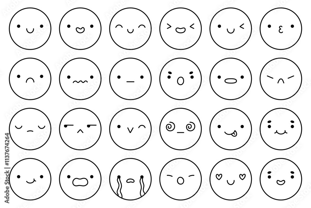A big emoji set with different facial expressions. Doodle characters with happy, joyful, disappointed, sad, surprised, angry, playful mood. Vector illustration. Perfect for social media, stickers. A big emoji set with different facial expressions. Doodle characters with happy, joyful, disappointed, sad, surprised, angry, playful mood. Vector illustration. Perfect for social media, stickers.