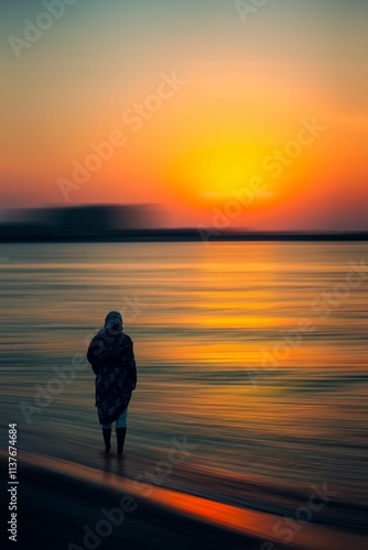 Silhouette of a person standing by the shore at sunset.