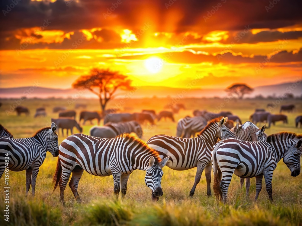 Fototapeta premium Stunning Bokeh Photography: Zebra Herd in African Savanna - Wildlife Photo