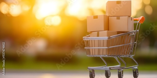 A shopping cart filled with cardboard boxes, set against a soft, sunny background. Concept Shopping Cart, Cardboard Boxes, Sunny Background, Outdoor Scene, Whimsical Vibes photo