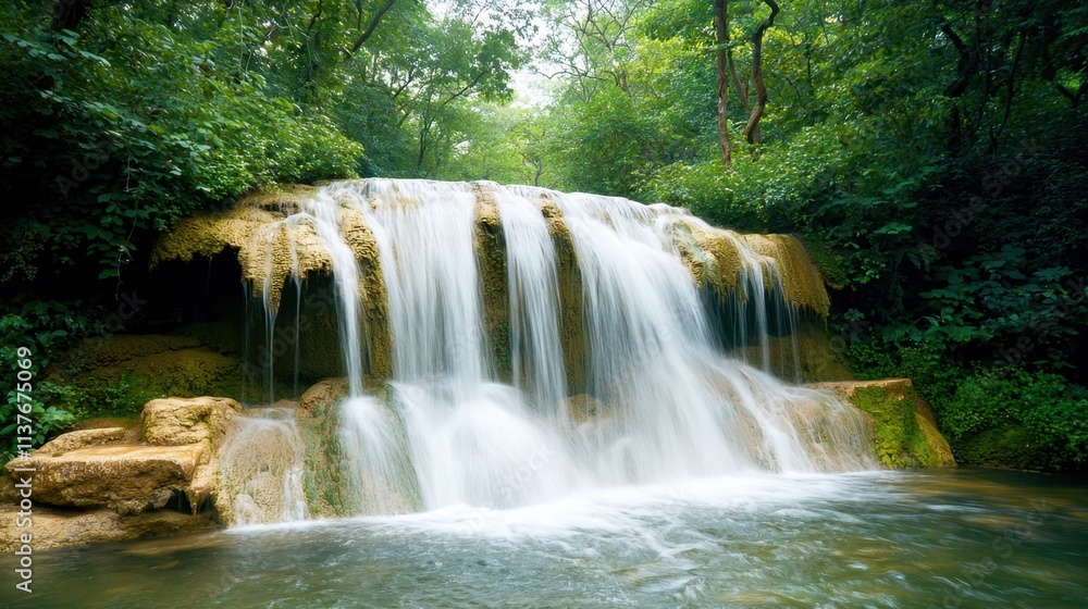 Nestled within a vibrant jungle setting, a magnificent waterfall cascades down a moss covered rock face, creating a mesmerizing oasis of tranquility and beauty amidst the lush green foliage. Nestled within a vibrant jungle setting, a magnificent waterfall cascades down a moss covered rock face, creating a mesmerizing oasis of tranquility and beauty amidst the lush green foliage.