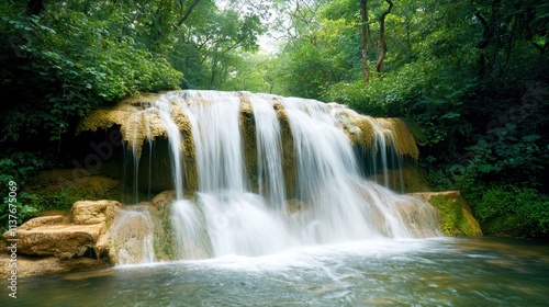 Nestled within a vibrant jungle setting, a magnificent waterfall cascades down a moss covered rock face, creating a mesmerizing oasis of tranquility and beauty amidst the lush green foliage.