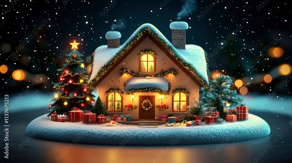 Fototapeta premium Cozy Christmas Cottage in a Winter Wonderland