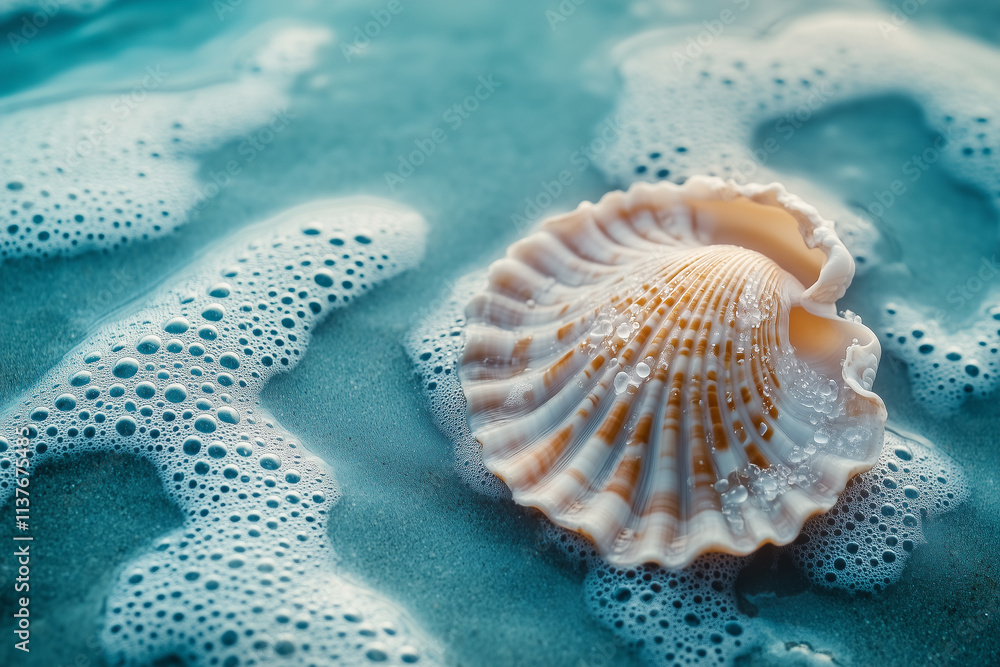 A macro shot of a seashell resting on the shore with glistening droplets, surrounded by smooth wet sand and vibrant turquoise water. A macro shot of a seashell resting on the shore with glistening droplets, surrounded by smooth wet sand and vibrant turquoise water.