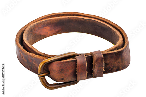 Old, brown leather belt, strap isolated on white or transparent background
