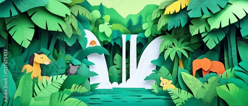 Fototapeta Naklejka Na Ścianę i Meble -  Colorful jungle scene with playful animal characters.