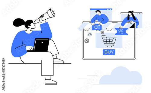 Person with laptop using a telescope to observe online shopping icons, cashback deals, and discount offers. Ideal for e-commerce, digital marketing, cashback platforms, online sales, consumer