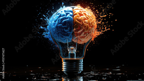 Creative Brain Concept in Lightbulb with Splashes of Blue and Orange Liquid