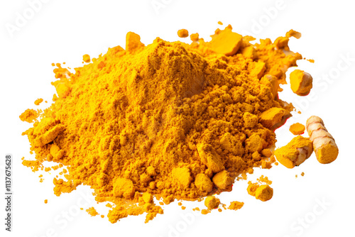 Turmeric scattered powder pile isolated on white or transparent background, top view


