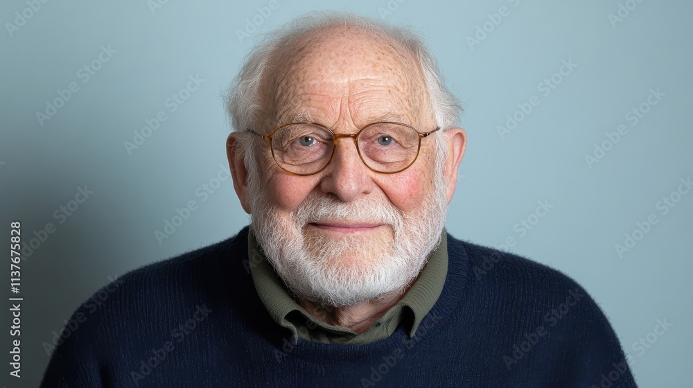 Fototapeta premium With a warm smile, an elderly man with a white beard exudes wisdom and friendly charm against a soft blue background, characterized by joy and contentment.