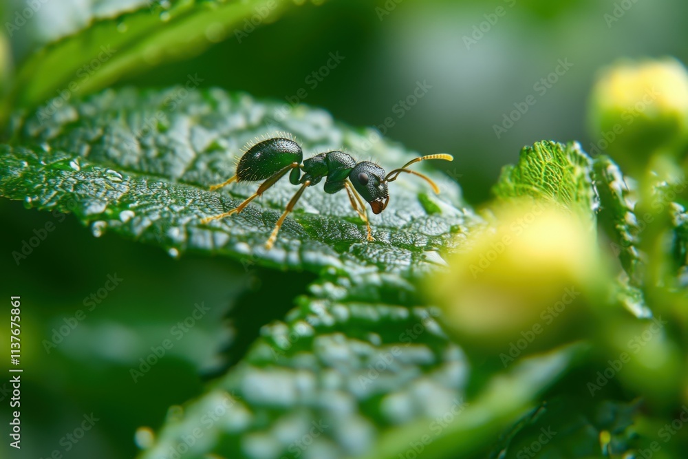 Naklejka premium Resilient Ant Traversing a Dew-Kissed Grass Blade in the Morning Light. Beautiful simple AI generated image