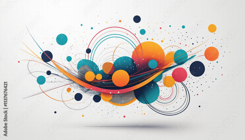 Obraz premium Elegant abstract geometric presentation with colorful round lines, circles and dots on white background. Ai generated.