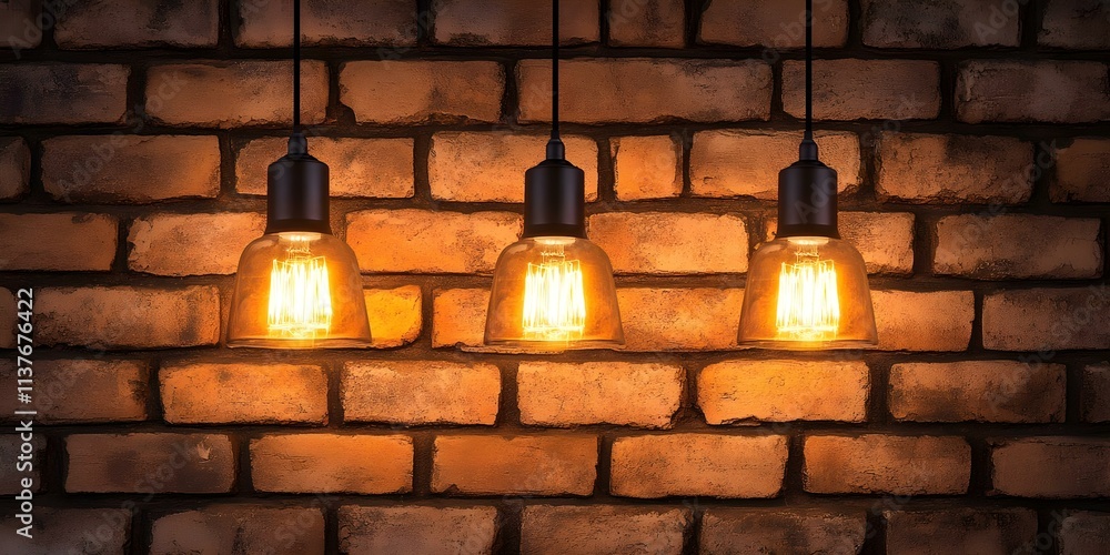 Three hanging light bulbs with warm glow against a textured brick wall. Concept Hanging Light Bulbs, Warm Glow, Textured Brick Wall, Interior Aesthetics, Cozy Ambiance Three hanging light bulbs with warm glow against a textured brick wall. Concept Hanging Light Bulbs, Warm Glow, Textured Brick Wall, Interior Aesthetics, Cozy Ambiance