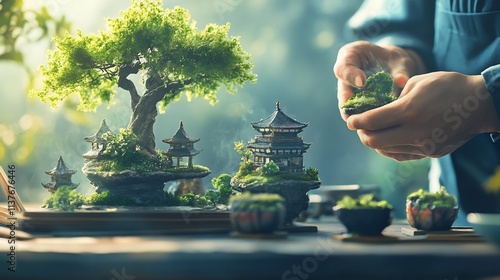 Enchanting Miniature Fairy Garden Scene with Ornate Dollhouse like Tree House and Figurines photo