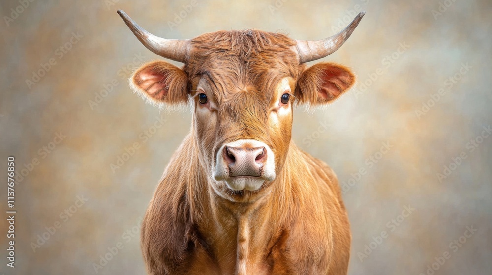 The portrait of a mature bull showcases its muscular build, thick fur, and strong horns, conveying a sense of power and dominance. The portrait of a mature bull showcases its muscular build, thick fur, and strong horns, conveying a sense of power and dominance.