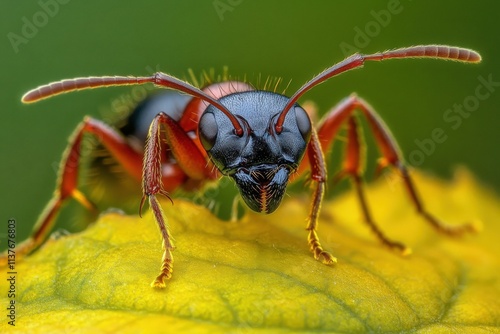 Close-up of an ant on a green leaf with dew.. Beautiful simple AI generated image