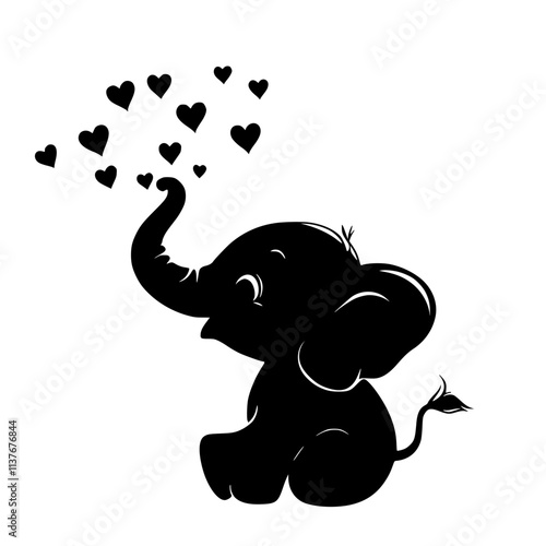 Cute elephant blowing hearts illustration , Adorable black silhouette of a baby elephant blowing heart shapes from its trunk, symbolizing love, joy, and playfulness on a white background.  

