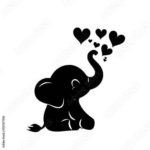 Cute elephant blowing hearts illustration , Adorable black silhouette of a baby elephant blowing heart shapes from its trunk, symbolizing love, joy, and playfulness on a white background.  

