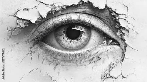 Eye Emerging from Cracked Surface Representing Inner Thoughts and Emotions