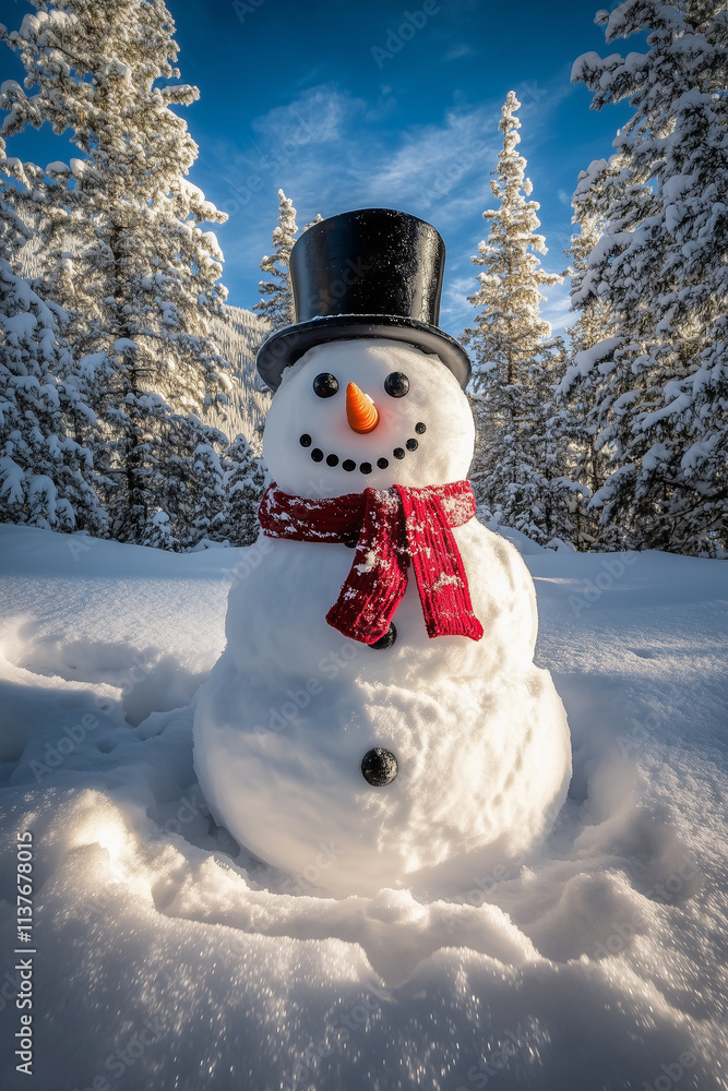 Obraz premium Cheerful snowman with red scarf and top hat in a snowy forest