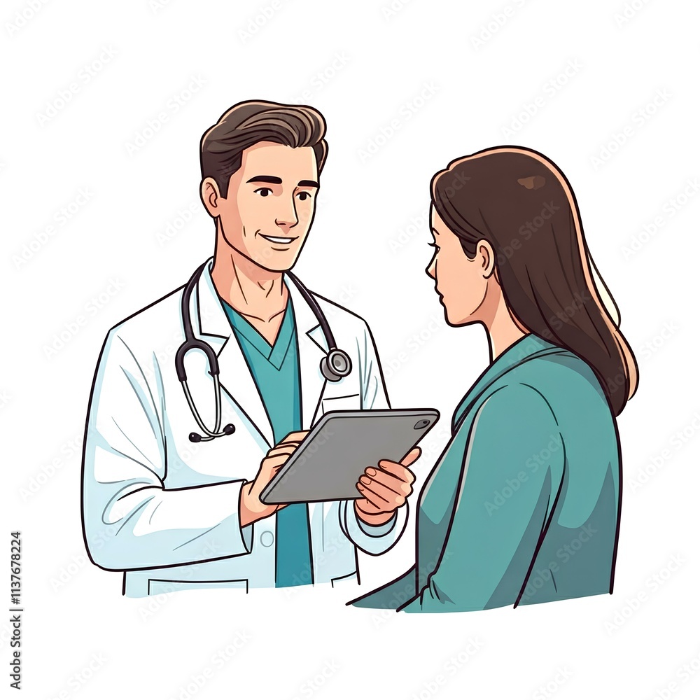 doctor and patient, The doctor meets the patient and provides a health consultation based on the diagnosis, using a tablet in his hand. doctor and patient, The doctor meets the patient and provides a health consultation based on the diagnosis, using a tablet in his hand.