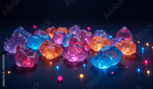 A dazzling display of glowing, crystalline fragments in vibrant colors, scattered on a dark surface, illuminated by tiny, colorful lights for a magical and surreal effect. photo