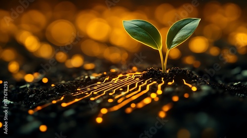 Green Seedling Growing on Ground with Digital Circuits and Glowing Lights in the Background photo