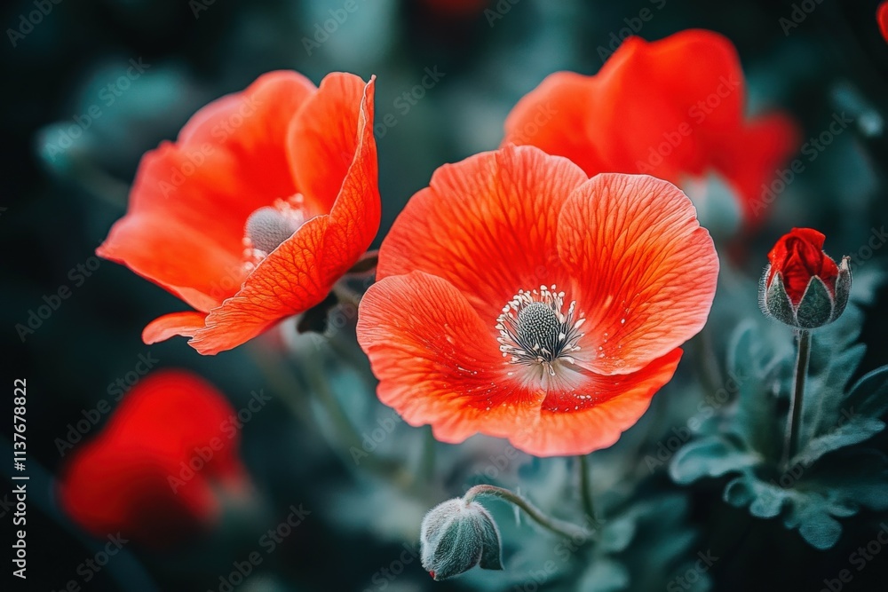 Obraz premium Beautiful red-yellow tulip flowers on a blurry background, close-up. Beautiful simple AI generated image