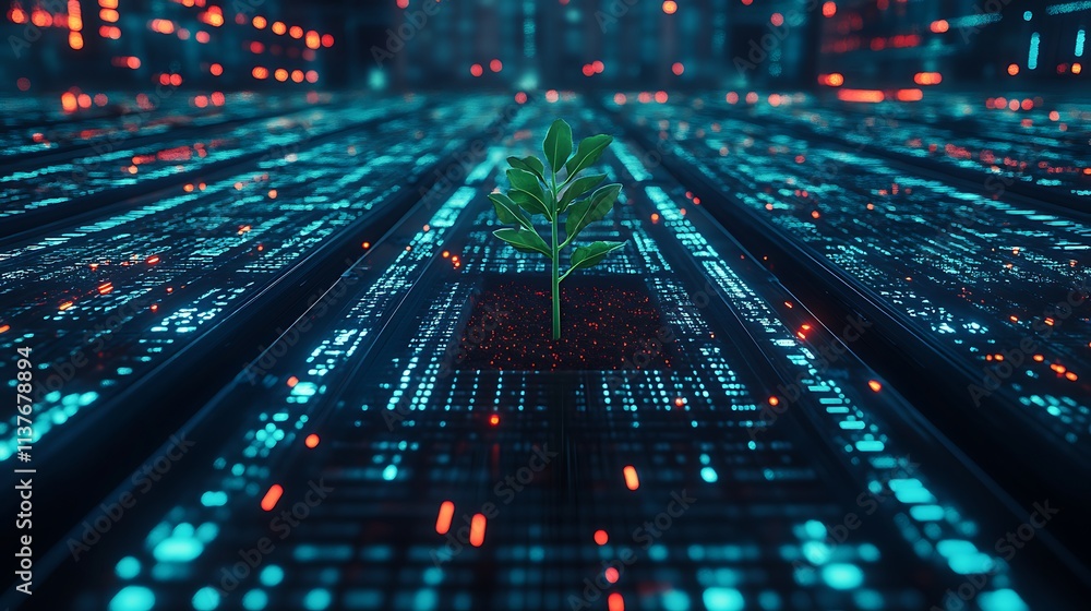 Growing Plant in Futuristic Digital Landscape with Lines of Data and Bright Neon Lights Growing Plant in Futuristic Digital Landscape with Lines of Data and Bright Neon Lights
