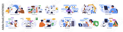 AI professions set. Artificial intelligence workers, machine learning, software engineers, digital data analyst, robotics specialists, scientists. Flat vector illustration isolated on white background