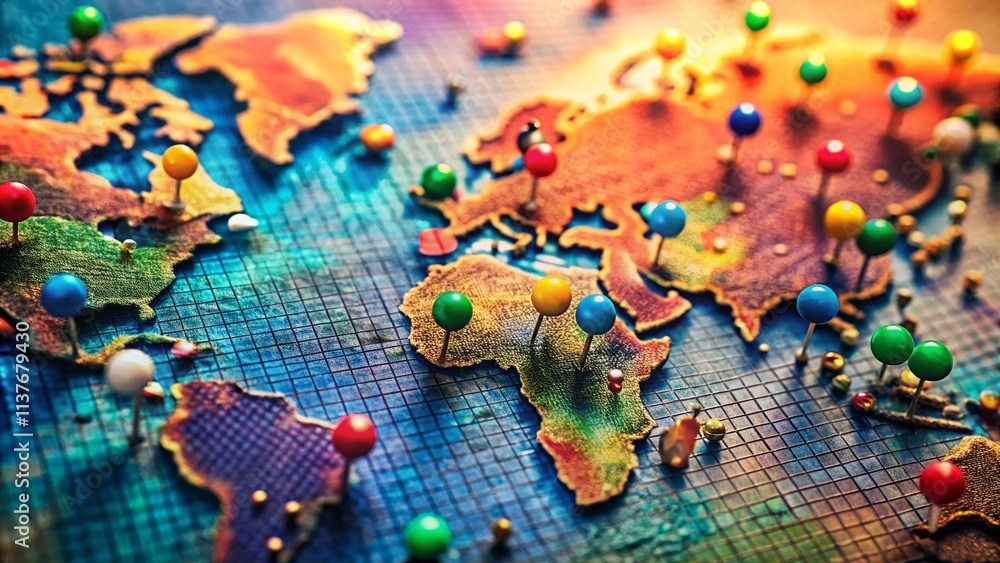 Obraz premium Macro Photography: Digital Push Pin Map, Close Up Detail, Map Pins, Navigation, Location, Geographic, Pinpoint, World Map, Travel, Adventure, Exploration, Journey