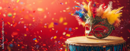 Festive Brazilian Carnaval theme banner with masquerade mask, colorful feathers, glitter, and confetti set against a bokeh backdrop. Perfect for highlighting joy, celebration, and cultural traditions. photo