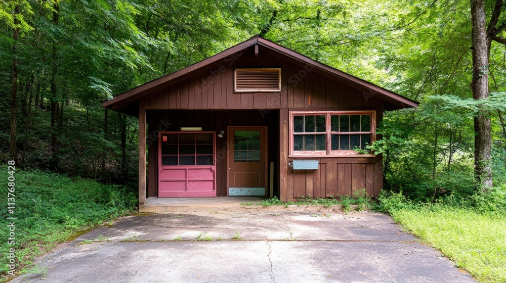 Cozy Cabin Surrounded by Green Trees and Nature in Tranquil Setting Cozy Cabin Surrounded by Green Trees and Nature in Tranquil Setting