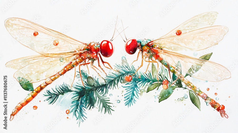 Two dragonflies with red heads perched on a fir branch, watercolor painting Two dragonflies with red heads perched on a fir branch, watercolor painting