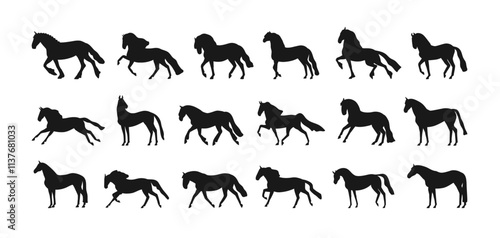 Horse silhouettes set. Stallions galloping, walking, trotting, leaping and running, movement poses. Equine animal figures in motion, profiles. Flat vector illustration isolated on white background
