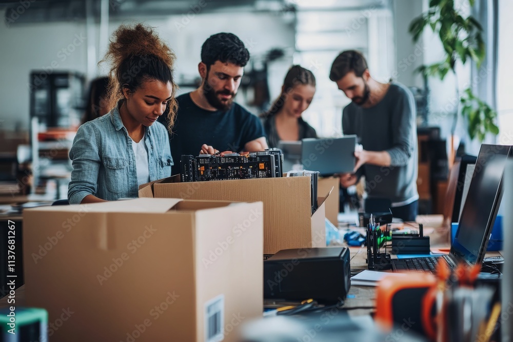 Fototapeta premium Team packing electronics; cardboard boxes, circuit board.