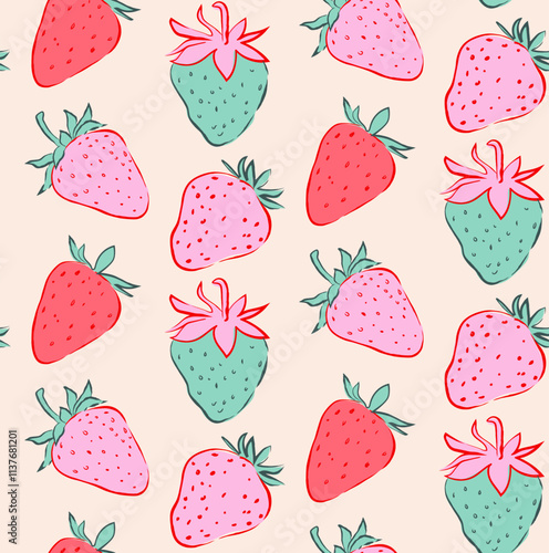 Seamless pattern of strawberries. Hand drawn colorful, red, pink strawberry pattern and background