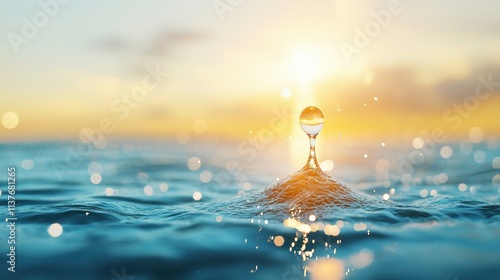 A realistic image of a single drop of water falling gently onto the tranquil surface of a deep blue sea, shimmering in the sunlight on World Water Day.