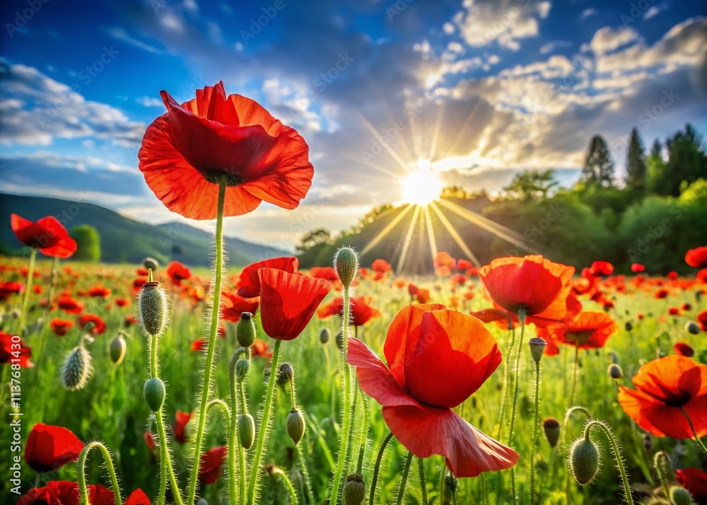 Naklejka premium Stunning Red Poppy Field Photography: High-Resolution Images, Deep Depth of Field, Vibrant Blooms