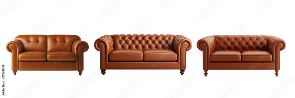 Fototapeta premium A collection of three luxurious leather sofas in varying sizes and designs, showcasing elegant tufted details and a rich brown color.