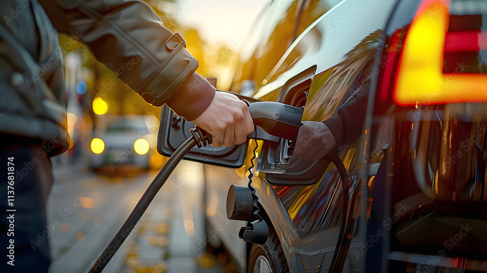 Electric Car Charging Station. Close-up of Hand Inserting Power Connector or Plug. Concept for Eco Branding, Automotive Blogs, Ads, E-commerce, Social Media, Green Energy Campaigns, Presentations
