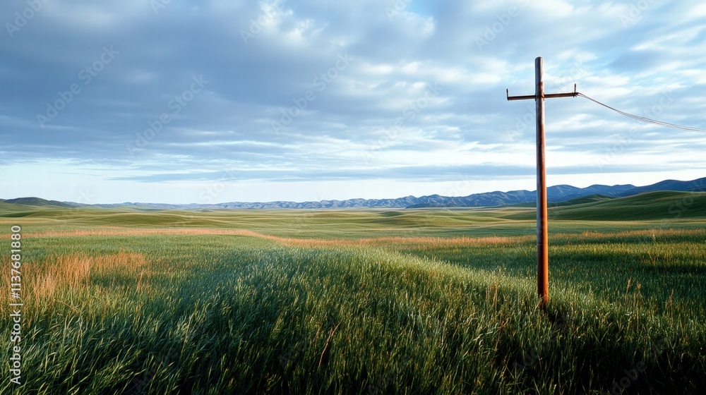 Obraz premium Lone Power Pole in Expansive Grassland Under Dramatic Sky