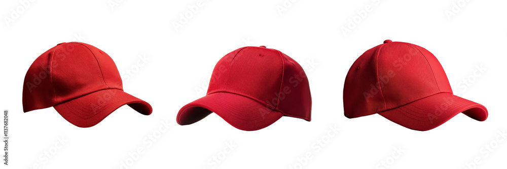 A series of three red baseball caps displayed from different angles. A series of three red baseball caps displayed from different angles.