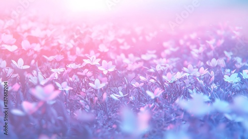 Delicate Floral Carpet of Pink Purple and Blue Blossoms in Lush Spring Meadow