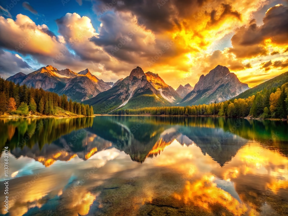 Stunning Sunset Mountain Lake: Crystal Clear Water, Serene Landscape Photography Stunning Sunset Mountain Lake: Crystal Clear Water, Serene Landscape Photography