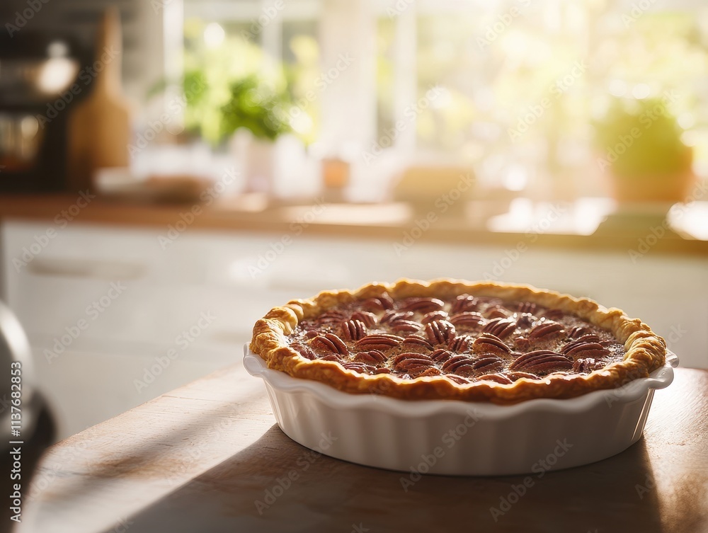 A freshly baked pie sits on a kitchen countertop, illuminated by natural light. A freshly baked pie sits on a kitchen countertop, illuminated by natural light.
