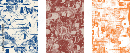 Set of posters with glitch distorted grunge texture. Poster collection texture with halftone dots, glitched shapes, textures and lines .Screen print vector poster pack with grunge textured surface